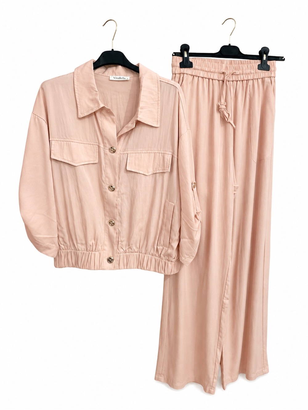 NWOT  Blush Pink Relaxed Satin Jacket & Wide-Leg Pants Set
